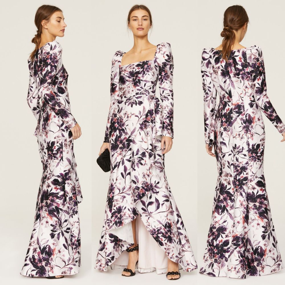 Badgley Mischka Floral Printed Flounce Hem Gown In Eggplant Multi $860 - Size 12